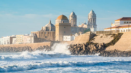 The cathedral and waterfront in Cadiz, Spain